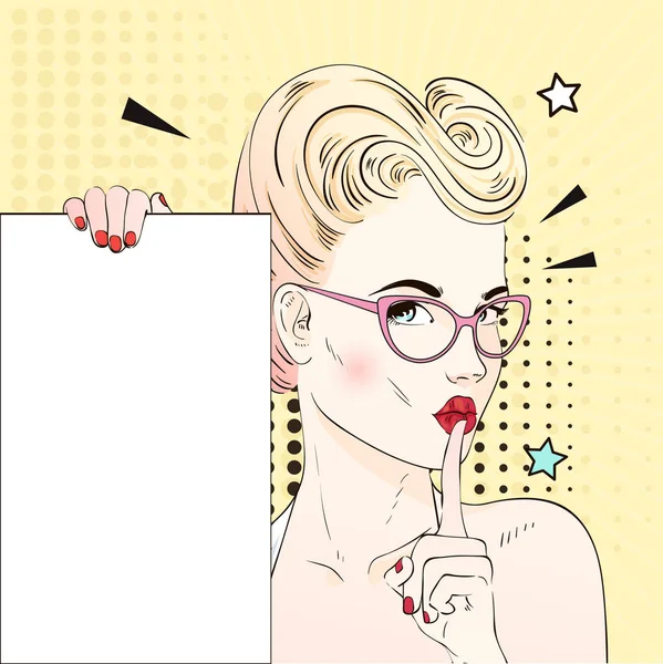 Κωμικό Pop art ξανθά μαλλιά γυναίκα, πρόσωπο με στόμα φιλί σε ποτήρια ζητεί σιωπή και κατέχει ένα λευκό πανό. Εικονογράφηση διάνυσμα. — Διανυσματικό Αρχείο