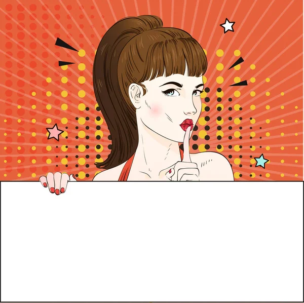 Pop Art Vintage publicidad cartel cómic chica sostiene una pancarta blanca pide silencio. Mujer cómica con burbuja del habla. Ilustración vectorial — Vector de stock