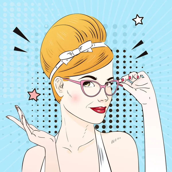 Comic Pop arte rubia cabello mujer sostiene sus gafas. Ilustración vectorial . — Vector de stock