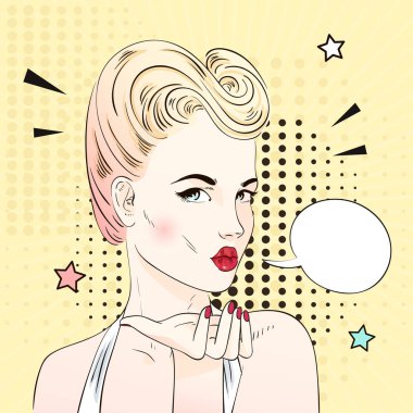 Retro saç modeli pop art sürpriz sarışın kadınla bir hava öpücük gönderir. Komik kadın konuşma balonu ile. Vektör çizim.