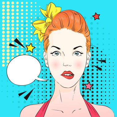 Pop art kadın yüzünü düşünmek bir şey hakkında şaşırttı. Komik kadın konuşma balonu ile. Vektör çizim.