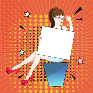 Kırmızı labutenes komik Pop art kadın oturur ve beyaz bir afiş ve gözlüklerini tutar. Vektör çizim.
