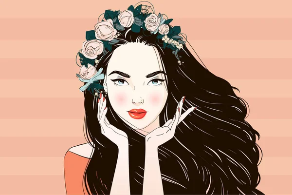 Portret van jonge mooie vrouw met bloemen in lange haren. Vector hand getekende illustratie. — Stockvector