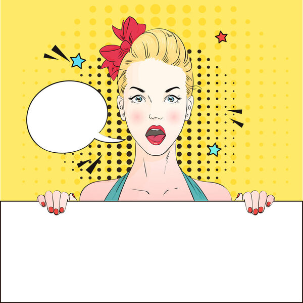 Pop Art Vintage advertising poster comic girl with speech bubble holds a white banner. Vector illustration