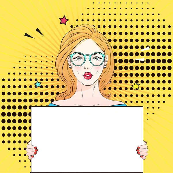 Поп-арт Винтаж реклама плакат комикс девушка в круглых очках держит белый баннер. Векторная иллюстрация — стоковый вектор
