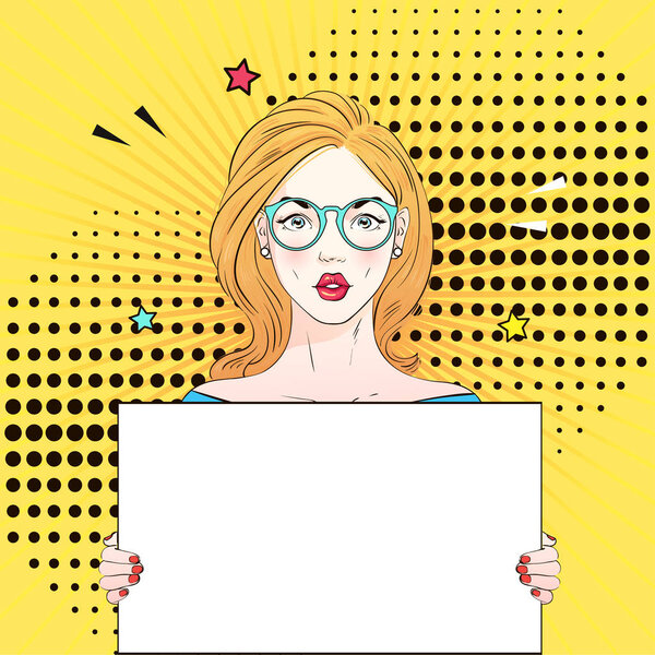 Pop Art Vintage advertising poster comic girl in round glasses holds a white banner. Vector illustration