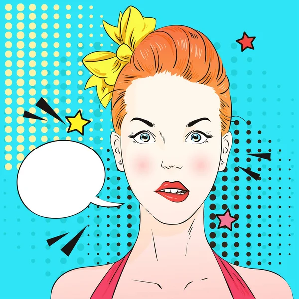 Pop art sorprendió cara de mujer pensar en algo. Mujer cómica con burbuja del habla. Ilustración vectorial . — Vector de stock