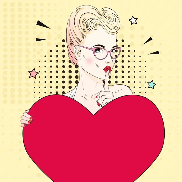 Komik Pop sanat sarı saçlı kadın yüz öpücük ağız içinde gözlük ile sessizlik için çağırır ve kırmızı bir kalp tutar. Vektör çizim.