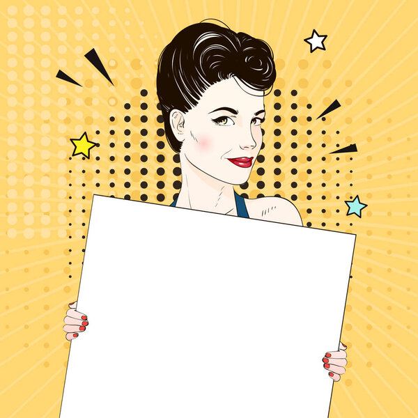 Comic Pop art woman holds a white banner and requests to call . Vector illustration.