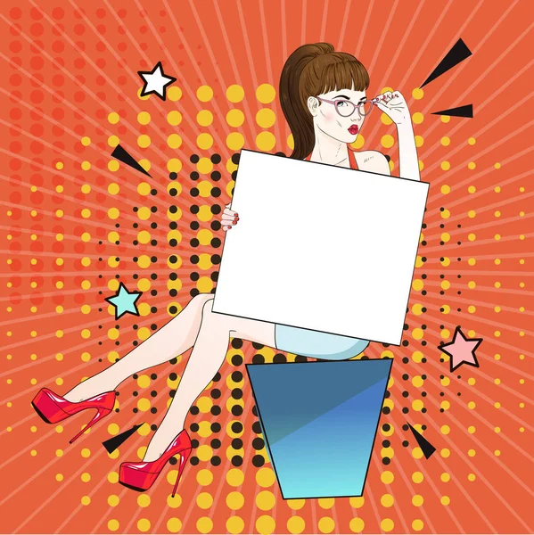 Kırmızı labutenes komik Pop art kadın oturur ve beyaz bir afiş ve gözlüklerini tutar. Vektör çizim.