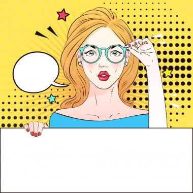 Pop Art Vintage reklam poster çizgi roman kızı konuşma balonu ile beyaz bir afiş tutar. Vektör çizim