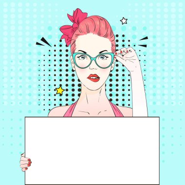 Pop Art Vintage reklam afişi komik pembe saçlı kız mavi kedi-Evet bardaklarda beyaz bir afiş tutar. Vektör çizim