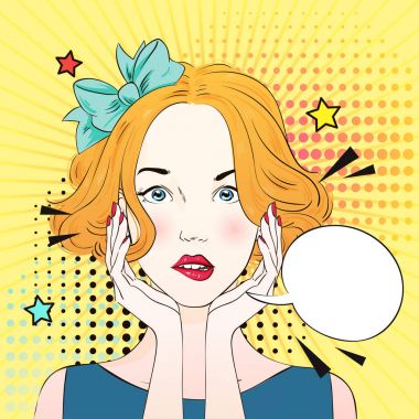 Pop art kadın yüz şaşırttı. Komik kadın konuşma balonu ile. Vektör çizim.