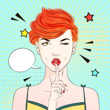Pop art Kızıl saçlı kadın yüzü bir parmak kaldırdı. Komik kadın konuşma balonu ile. Vektör çizim.