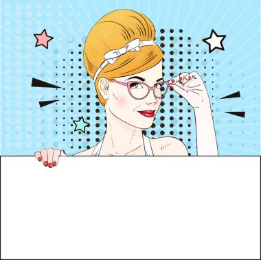 Komik Pop sanat sarı saçlı kadın yüz gözlüklerini beyaz bir afiş tutar. Vektör çizim.