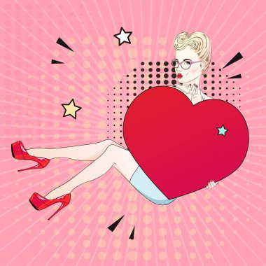 Kırmızı labutenes komik Pop sanat sarı saçlı kadın oturur ve kırmızı bir kalp ve gözlüklerini tutar. Vektör çizim.