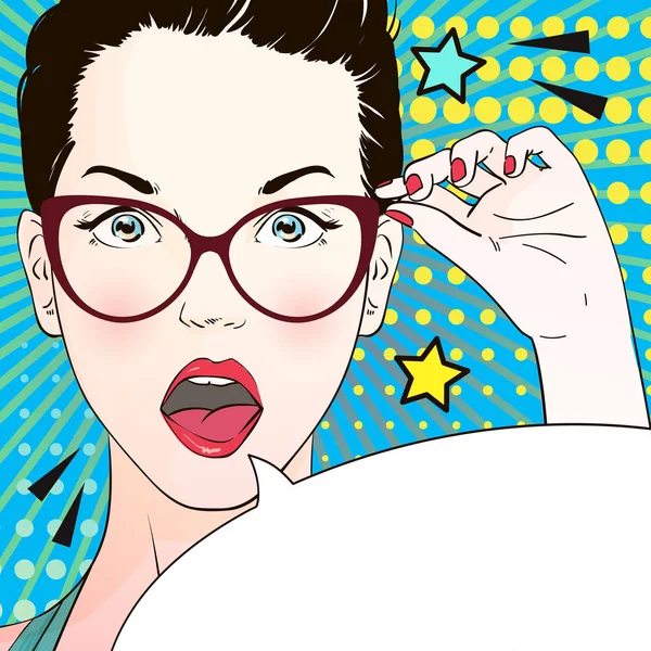 Pop art surprised woman face with open mouth in glasses. Comic woman with speech bubble. Vector illustration. — Stock Vector
