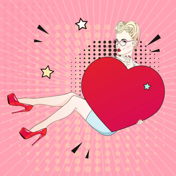 Comic Pop art rubia mujer de pelo en labutenes rojos se sienta y sostiene un corazón rojo y sus gafas. Ilustración vectorial . — Vector de stock