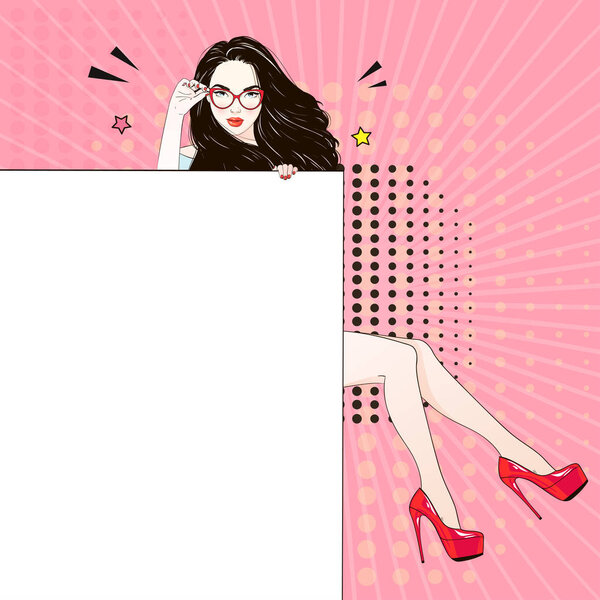 Comic Pop art long hair woman in red labutenes sits and holds a white banner and her glasses. Vector illustration.