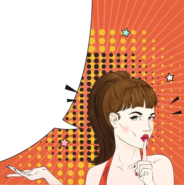 Mujer de arte pop con peinado retro pedir silencio. Mujer cómica con burbuja del habla. Ilustración vectorial . — Vector de stock