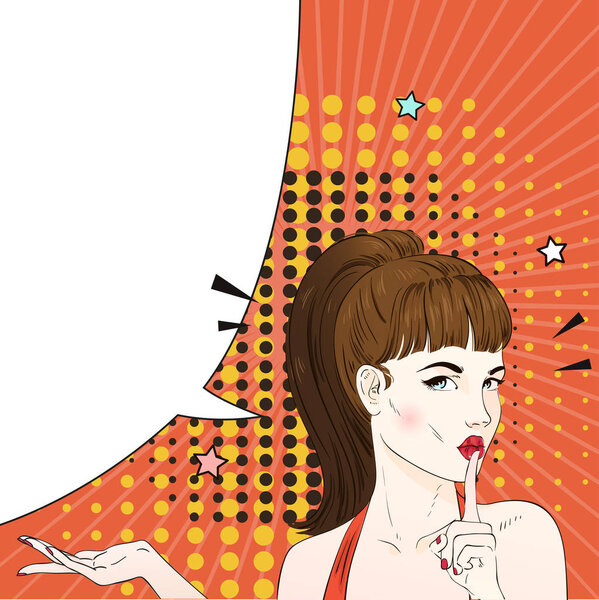 Pop art woman with retro hairstyle ask for silence. Comic woman with speech bubble. Vector illustration.