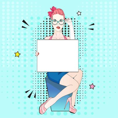 Pop Art Vintage reklam afişi komik pembe saçlı kız mavi elbise ve pembe labutenes oturur ve beyaz bir afiş tutar. Vektör çizim