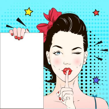 Pop Art Vintage reklam afişi komik kız winks ve beyaz bir afiş için sessizlik çağırır tutar. Komik kadın konuşma balonu ile. Vektör çizim