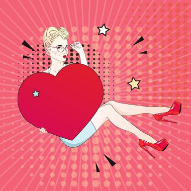 Kırmızı labutenes komik Pop sanat sarı saçlı kadın oturur ve kırmızı bir kalp ve gözlüklerini tutar. Vektör çizim.