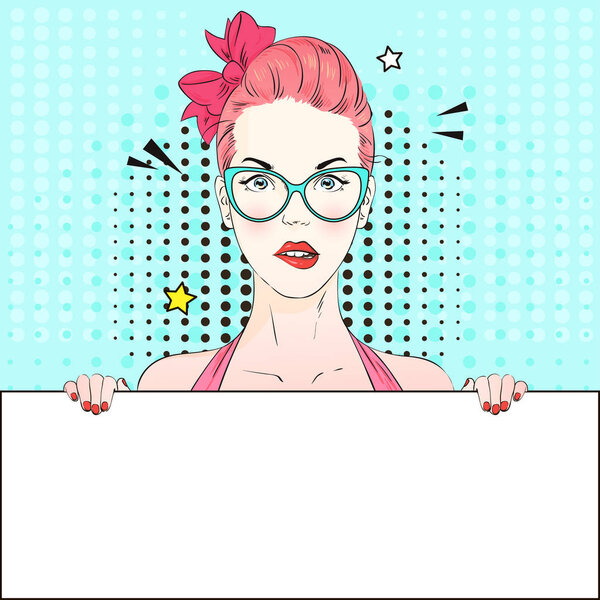 Pop Art Vintage advertising poster comic pink hair girl in blue cat-yey glasses holds a white banner. Vector illustration