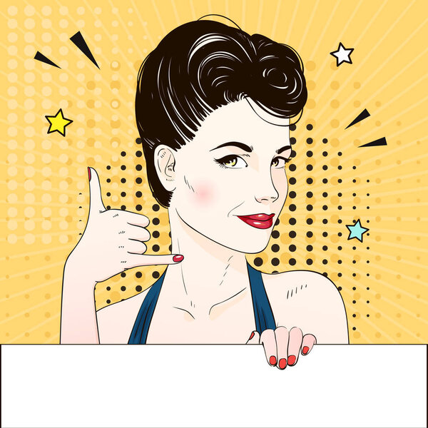Comic Pop art woman face requests to call and holds white banner. Vector illustration.