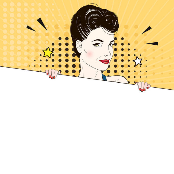 Comic Pop art woman holds a white banner and requests to call . Vector illustration.