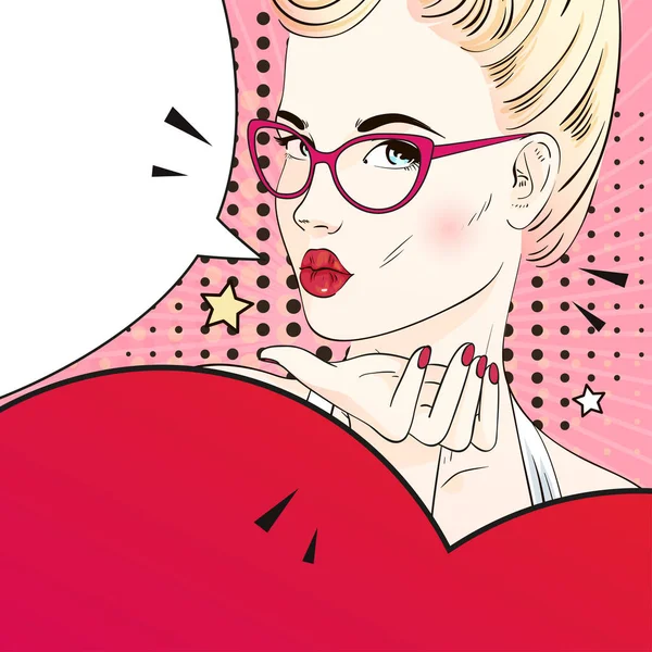 Képregény Pop art szőke haj nő küld egy légi csók, szemüveg, és tart egy piros szív. Vektoros illusztráció. — Stock Vector