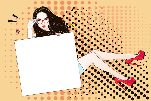 Comic Pop art long hair woman in red labutenes sits and holds a white banner and her glasses. Vector illustration.