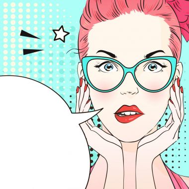 Pembe saçlı ve kedi gözü mavi gözlük pop art sürpriz kadın hakkında bir şeyler düşünüyorsun. Komik kadın konuşma balonu ile. Vektör çizim.
