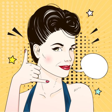 Pop art surprised woman face requests to call. Comic woman with speech bubble. Vector illustration. clipart