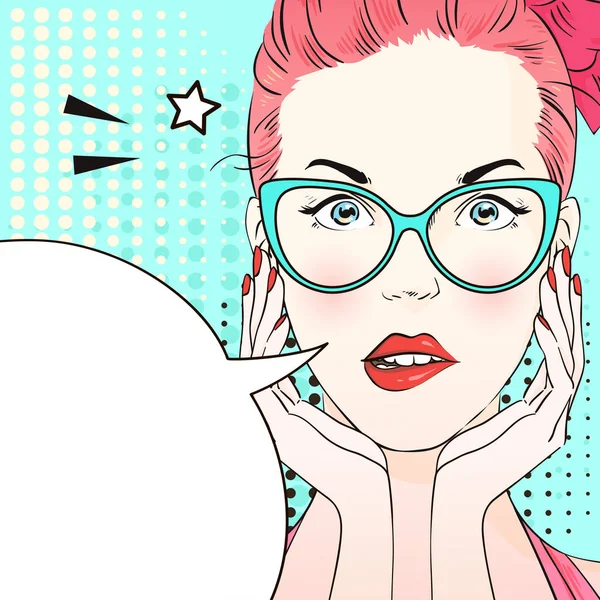 Pop art surprised woman with pink hair and cat's eye blue glasses think about something. Comic woman with speech bubble. Vector illustration. — Stock Vector