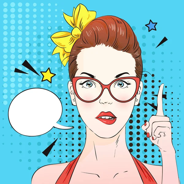 Pop art sorprendió cara de mujer con un dedo levantado y gafas. Mujer cómica con burbuja del habla. Ilustración vectorial . — Archivo Imágenes Vectoriales