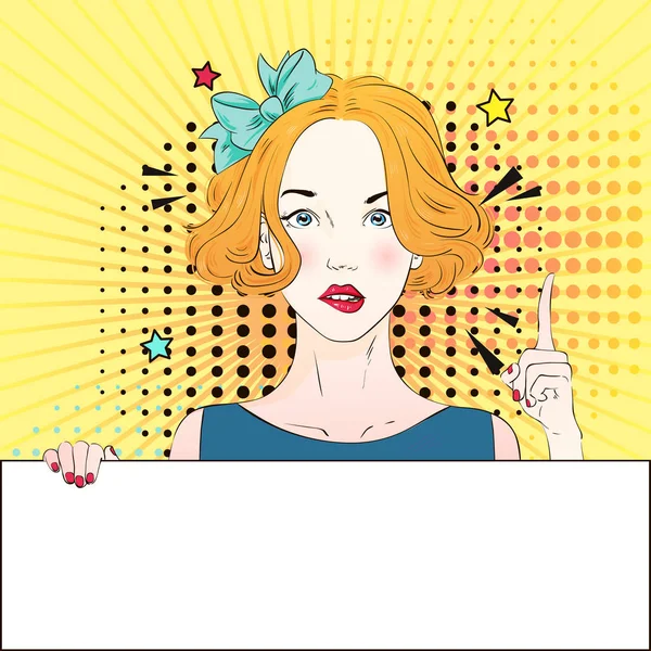 Pop Art Vintage advertising poster comic girl holds a white banner and finger raised . Vector illustration — Stock Vector