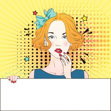 Pop Art reklam afiş komik kız korkmuş ve bir şey hakkında düşünüyor Vintage beyaz bir afiş tutar. Komik kadın konuşma balonu ile. Vektör çizim