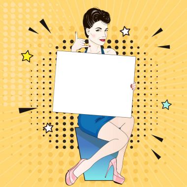 Mavi elbise ve pembe labutenes komik Pop art kadın oturur ve beyaz bir afiş ve istekleri aramak için tutar. Vektör çizim.