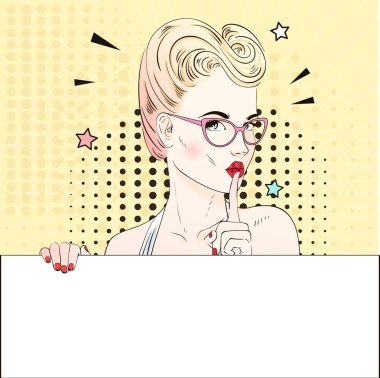 Komik Pop sanat sarı saçlı kadın yüz öpücük ağız içinde gözlük ile sessizlik için çağırır ve beyaz bir afiş tutar. Vektör çizim.