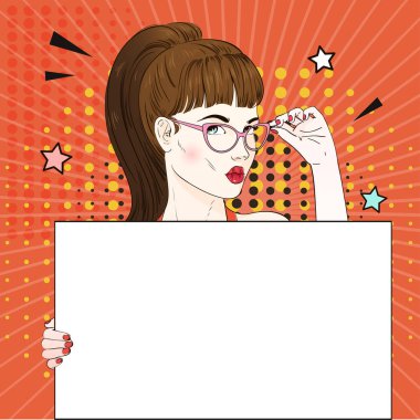 Komik Pop art kadın beyaz bir afiş ve gözlüklerini tutar. Vektör çizim.