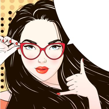 Komik Pop art kadın aramak için istek ve gözlüklerini tutar. Vektör çizim.