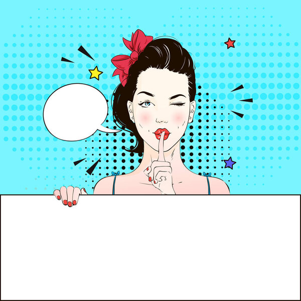 Pop Art Vintage advertising poster comic girl winks and holds a white banner calls for silence. Comic woman with speech bubble. Vector illustration