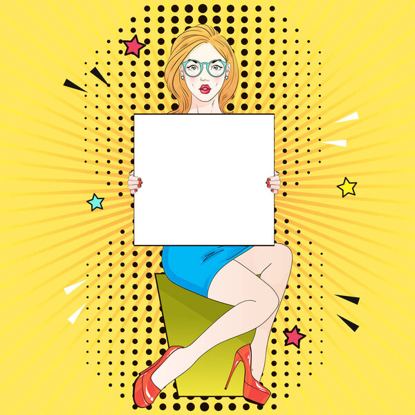 Pop Art Vintage advertising poster comic girl in blue dress and red labutenes sits and holds a white banner. Vector illustration