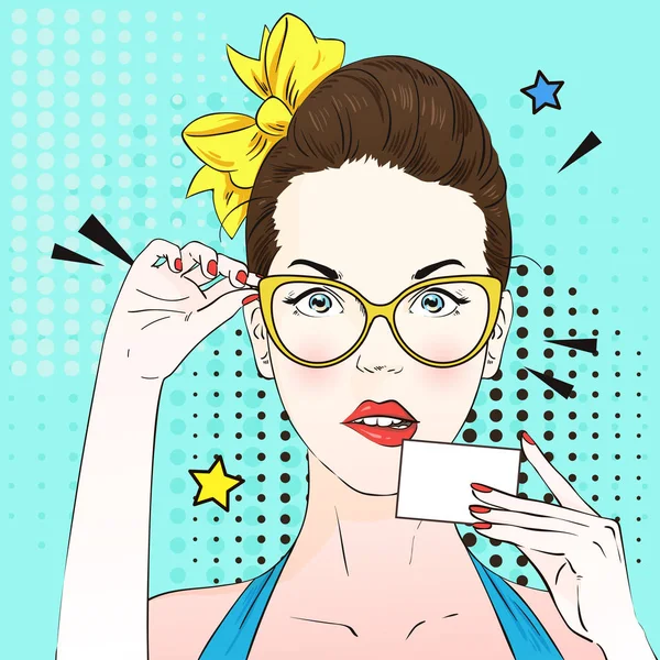Pop art surprised blond woman face with cat's eye glasses and holds visitcard. Vector illustration. — Stock Vector