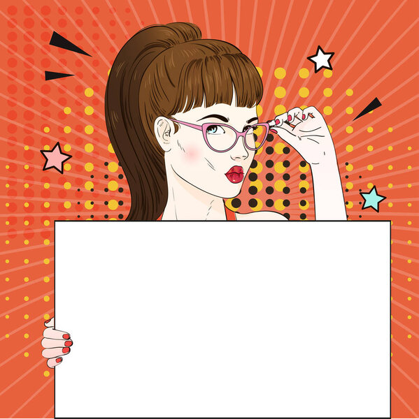 Comic Pop art woman holds a white banner and her glasses. Vector illustration.