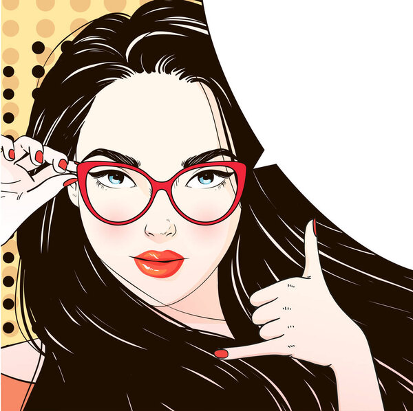 Comic Pop art long hair woman requests to call and holds her glasses. Vector illustration.
