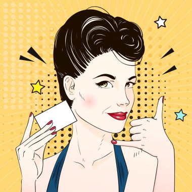 Komik Pop art kadın yüz aramak için istek ve ziyaret kartta bulunur. Vektör çizim.