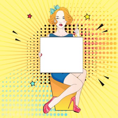 Pop Art Vintage reklam afişi komik kız mavi elbise ve kırmızı labutenes oturur ve beyaz bir afiş tutar. Vektör çizim